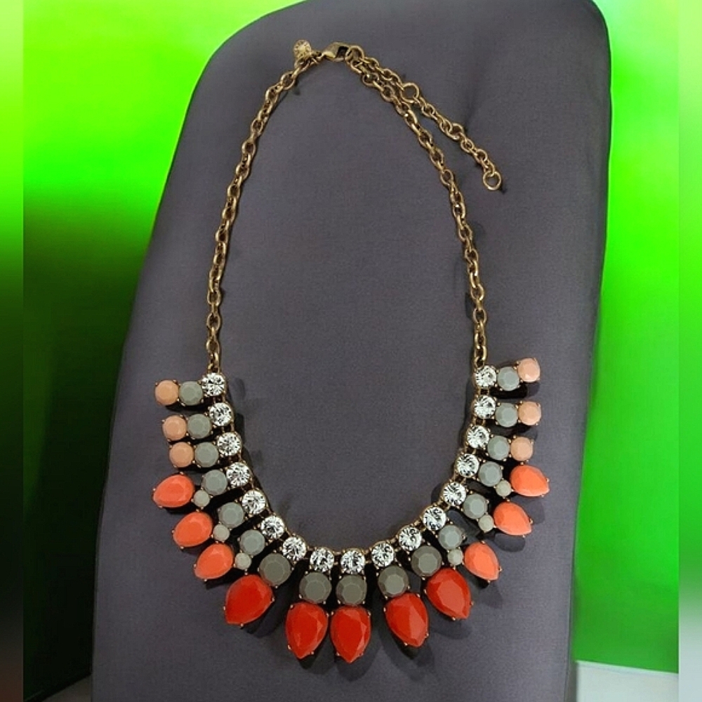 J. Crew Gold Tone Coral Pink & Grey Drop Bib Statement Necklace Signed